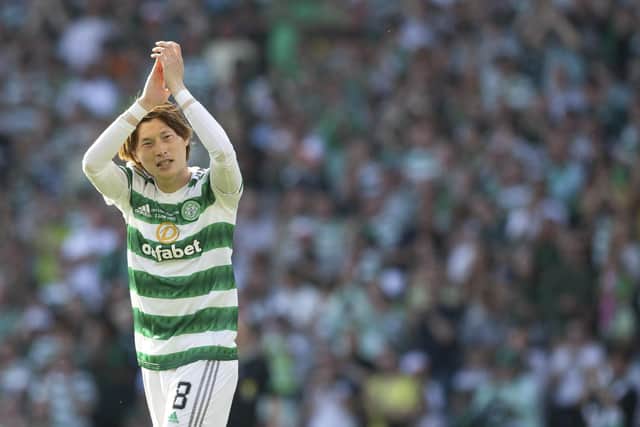 Celtic's Kyogo Furuhashi applauds the fans during the Scottish Cup final win over Inverness. (Photo by Craig Williamson / SNS Group)