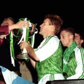Hibs' Murdo MacLeod is presented with the League Cup in 1991, following the Leith side's 2-0 victory over Dunfermline. Photo by SNS Group
