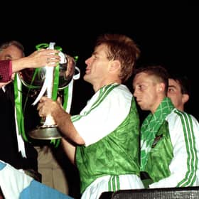 Hibs' Murdo MacLeod is presented with the League Cup in 1991, following the Leith side's 2-0 victory over Dunfermline. Photo by SNS Group