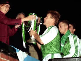 Hibs' Murdo MacLeod is presented with the League Cup in 1991, following the Leith side's 2-0 victory over Dunfermline. Photo by SNS Group