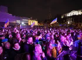 Crowds during a United With Ukraine: vigil, to mark one year of war in Ukraine, at Trafalgar Square, London. Picture date: Thursday February 23, 2023.