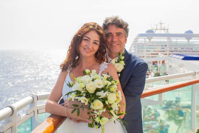 Karla Hall and husband Mark celebrate their silver wedding anniversary on Azura. Picture: Sam Pelly.