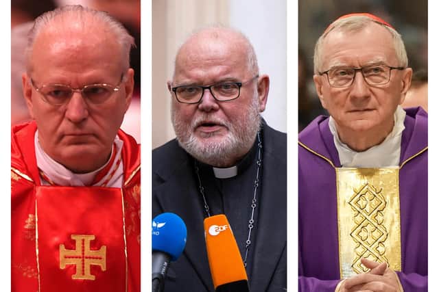 (From left to right): Cardinals Peter Erdo, Reinhard Marx and Pietro Parolin