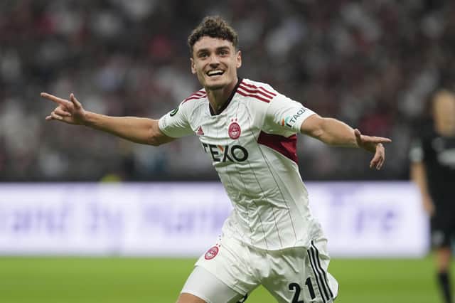 Aberdeen's Dante Polvara celebrates his side's equalising goal during a Conference League Group G match between Eintracht Frankfurt and FC Aberdeen in Frankfurt, Germany, Wednesday, Sept. 20, 2023. (AP Photo/Michael Probst)
