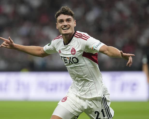 Aberdeen's Dante Polvara celebrates his side's equalising goal during a Conference League Group G match between Eintracht Frankfurt and FC Aberdeen in Frankfurt, Germany, Wednesday, Sept. 20, 2023. (AP Photo/Michael Probst)