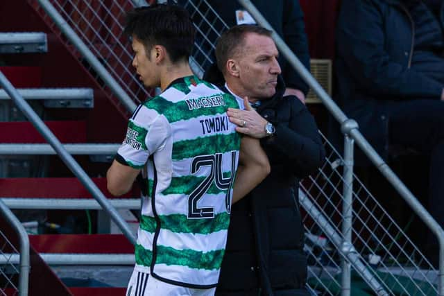 Celtic's Tomoki Iwata with manager Brendan Rodgers after being subbed off against Motherwell last weekend. (Photo by Craig Foy / SNS Group)