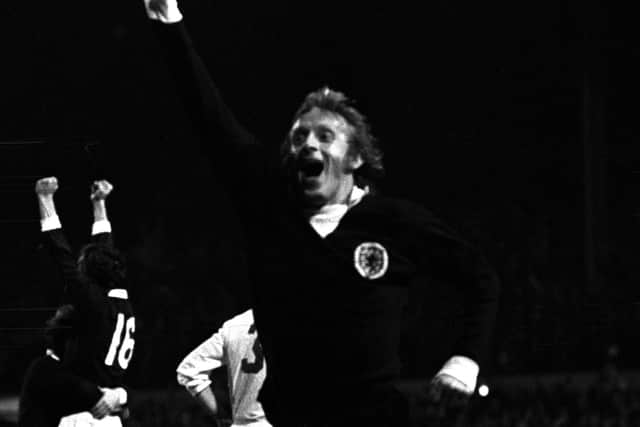 Denis Law celebrates in a World Cup qualifier against Czechoslovakia in 1973