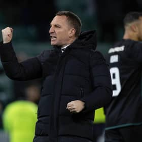 Celtic manager Brendan Rodgers celebrates in front of the away fans at full time after the 2-1 win over Hibs at Easter Road. (Photo by Craig Williamson / SNS Group)