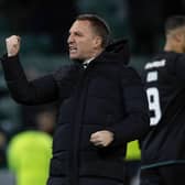 Celtic manager Brendan Rodgers celebrates in front of the away fans at full time after the 2-1 win over Hibs at Easter Road. (Photo by Craig Williamson / SNS Group)