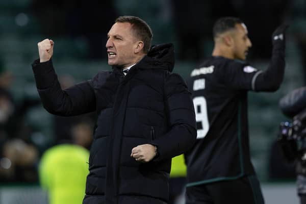 Celtic manager Brendan Rodgers celebrates in front of the away fans at full time after the 2-1 win over Hibs at Easter Road. (Photo by Craig Williamson / SNS Group)