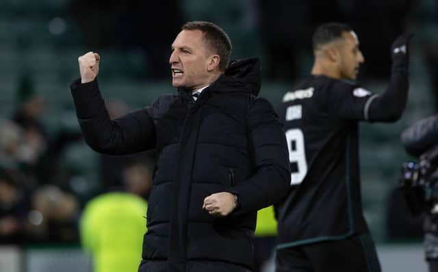 Celtic manager Brendan Rodgers celebrates in front of the away fans at full time after the 2-1 win over Hibs at Easter Road. (Photo by Craig Williamson / SNS Group)