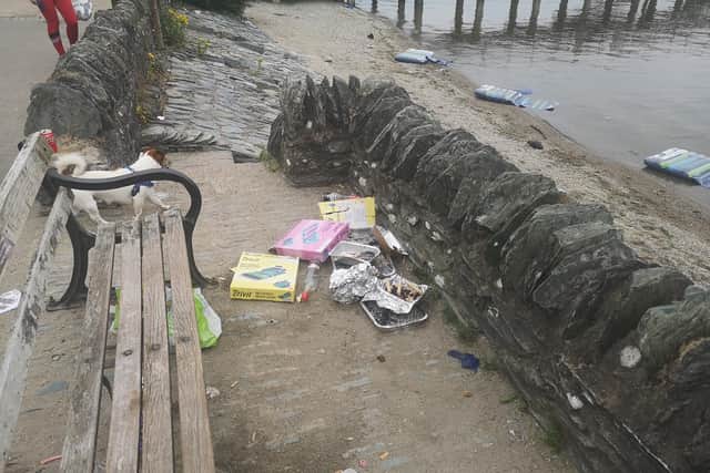 Three abandoned lilos on the beach - and their boxes also left behind, with an empty bottle of vodka. PIC: Contributed.