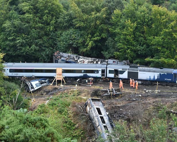 The driver's cab and front section of the High Speed Train in the Carmont crash is in the bottom right of the picture, partially concealed by undergrowth. (Photo by John Devlin)