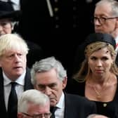 Former British Prime Minister Boris Johnson, centre left, as his wife Carrie, centre right, walk with other British prime ministers David Cameron, Theresa May and Gordon Brown as they leave Westminster Abbey in London. Picture: Frank Augstein/POOL/AFP via Getty Images