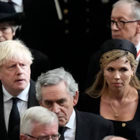 Former British Prime Minister Boris Johnson, centre left, as his wife Carrie, centre right, walk with other British prime ministers David Cameron, Theresa May and Gordon Brown as they leave Westminster Abbey in London. Picture: Frank Augstein/POOL/AFP via Getty Images
