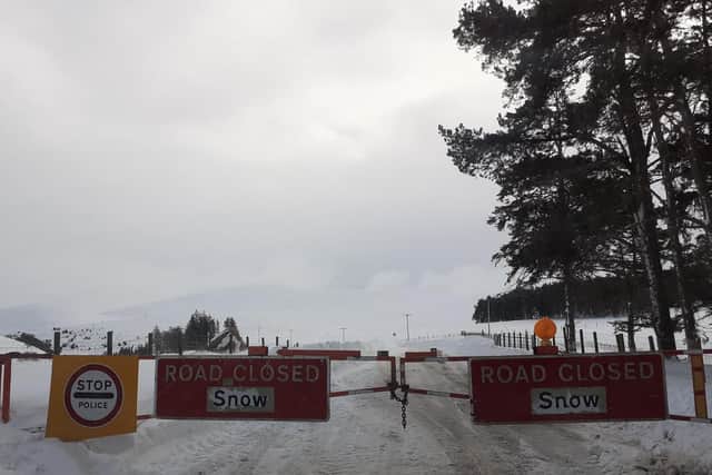 The A939 snow gates near Tomintoul which have been closed since January 28. Picture: Moray Council