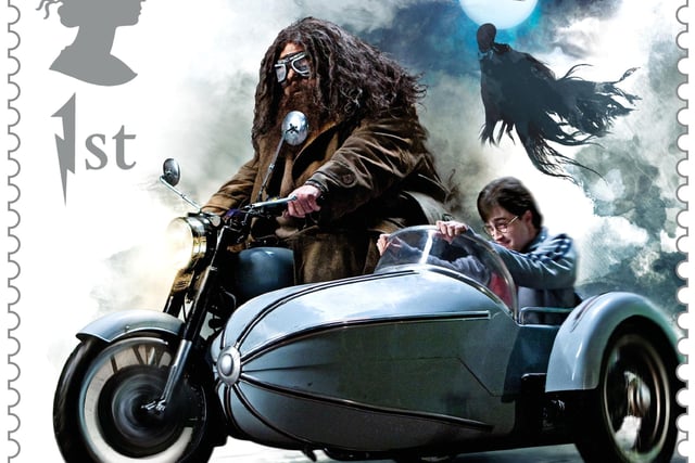 Royal Mail of Hagrid's enchanted motorbike, which featured in a new set of stamps to celebrate the Harry Potter films.  The 15 stamps include characters and other items from the wizard world which also have hidden details that are only visible under ultraviolet light