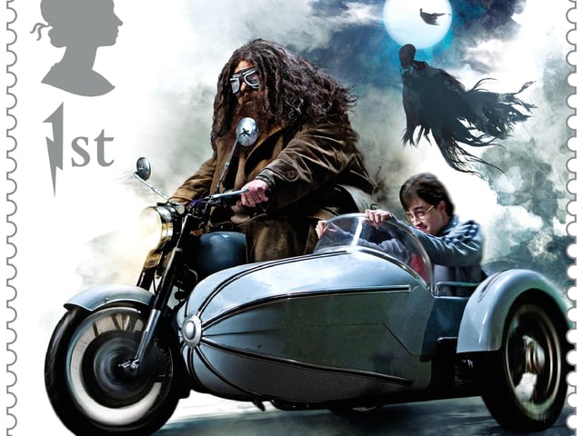 Royal Mail of Hagrid's enchanted motorbike, which featured in a new set of stamps to celebrate the Harry Potter films. The 15 stamps include characters and other items from the wizard world which also have hidden details that are only visible under ultraviolet light