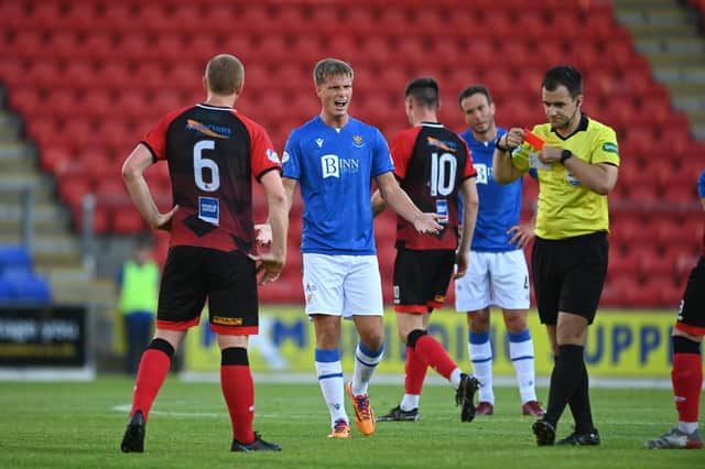 St Johnstone's Dan Cleary is sent off during a Premier Sports Cup match against Annan Athletic.