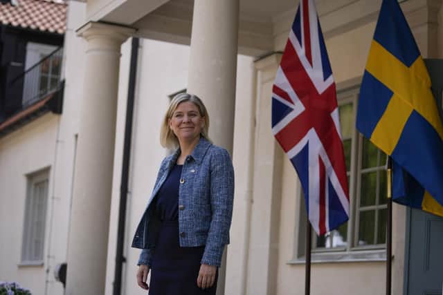 Swedish Prime Minister Magdalena Andersson waits for Prime Minister Boris Johnson in Harpsund, the country retreat of Swedish prime ministers, to discuss the ongoing conflict in Ukraine. Picture date: Wednesday May 11, 2022.