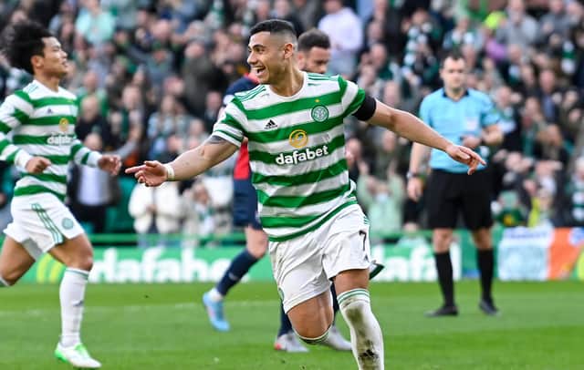 Giorgios Giakoumakis celebrates scoring a hat-trick in Celtic's 4-0 win over Ross County.