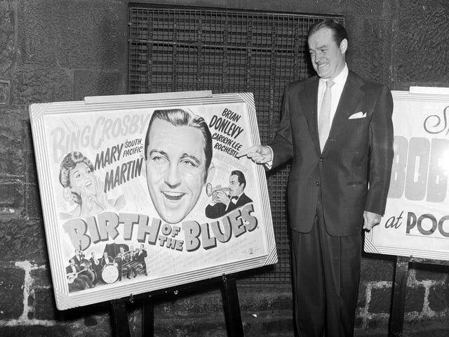 Bob Hope, who was in town for a show at the Usher Hall, shows what he thinks of a poster from a Bing Crosby film at Edinburgh's Pooles Cinema in 1952.