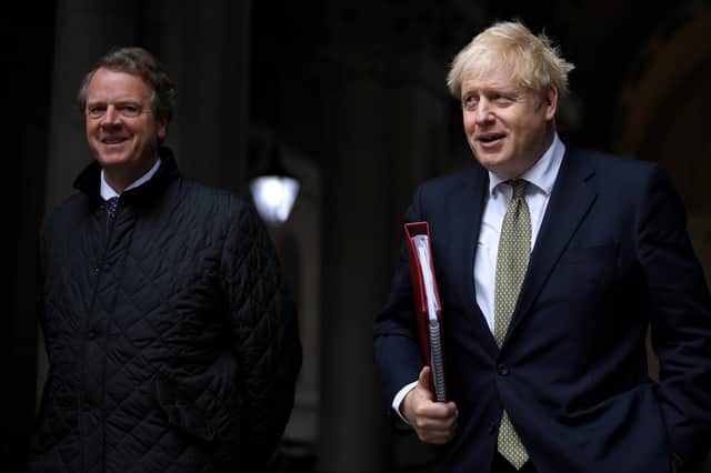 Scottish Secretary Alister Jack, seen with Boris Johnson, has said support for a second Scottish independence referendum would have to hit 60 per cent in the polls for the UK government to consider the idea (Picture: Leon Neal/Getty Images)