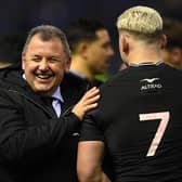 New Zealand head coach Ian Foster celebrates with man-of-the-match Dalton Papali'i after the win over Scotland.