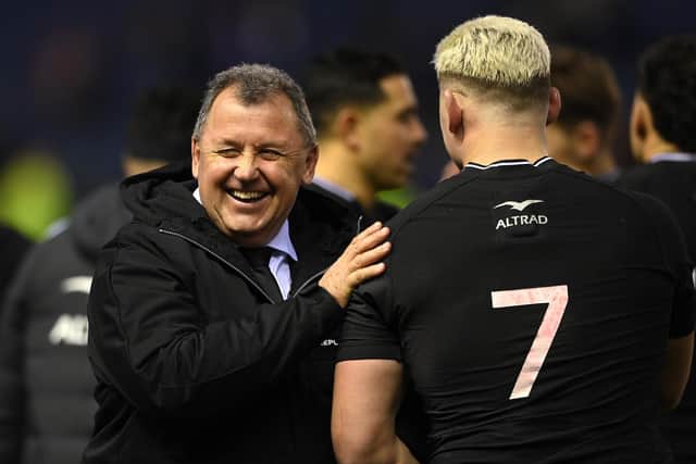 New Zealand head coach Ian Foster celebrates with man-of-the-match Dalton Papali'i after the win over Scotland.
