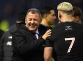 New Zealand head coach Ian Foster celebrates with man-of-the-match Dalton Papali'i after the win over Scotland.