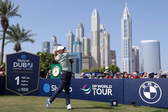 Rory McIlroy tees off in the third round of the Slync.io Dubai Desert Classic at Emirates Golf Club. Picture: Luke Walker/Getty Images.