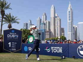 Rory McIlroy tees off in the third round of the Slync.io Dubai Desert Classic at Emirates Golf Club. Picture: Luke Walker/Getty Images.