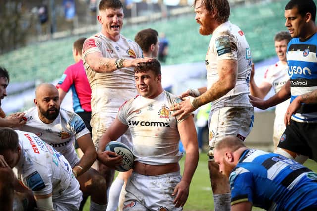 Sam Skinner celebrates the first of his two tries in Exeter Chiefs' win over Bath. Picture: Michael Steele/Getty Images