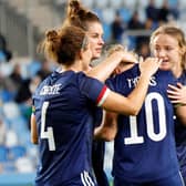 Martha Ellen Thomas is congratulated after scoring Scotland's second goal in the 2-0 win over Hungary in the FIFA Women's World Cup 2023 qualifier in Budapest (Photo by Laszlo Szirtesi/Getty Images)