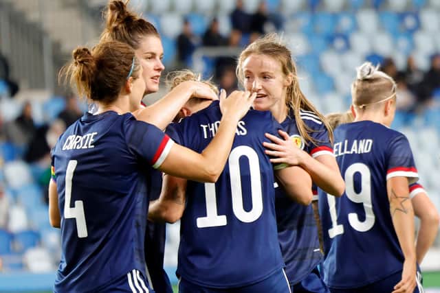 Martha Ellen Thomas is congratulated after scoring Scotland's second goal in the 2-0 win over Hungary in the FIFA Women's World Cup 2023 qualifier in Budapest (Photo by Laszlo Szirtesi/Getty Images)