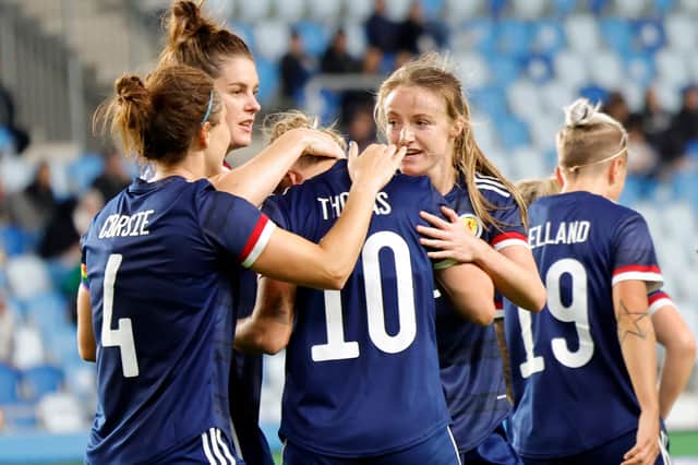 Martha Ellen Thomas is congratulated after scoring Scotland's second goal in the 2-0 win over Hungary in the FIFA Women's World Cup 2023 qualifier in Budapest (Photo by Laszlo Szirtesi/Getty Images)