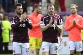 Craig Halkett (left) with Hearts team-mate Andy Halliday at the end of the 3-1 defeat to Rangers. (Photo by Rob Casey / SNS Group)