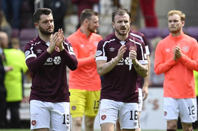 Craig Halkett (left) with Hearts team-mate Andy Halliday at the end of the 3-1 defeat to Rangers. (Photo by Rob Casey / SNS Group)