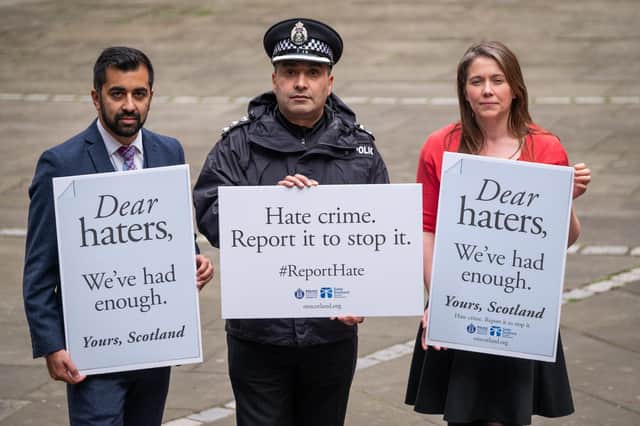 Justice Secretary Humza Yousaf, Chief Inspector Shaheen Baber from Police Scotland, and Communities Secretary Aileen Campbell launch a campaign to encourage people to report hate crime in 2018. A Hate Crime Bill is currently being discussed by the Scottish Parliament. (Picture: Tony Marsh)