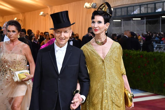 US author Amy Fine Collins and Stephen Jones arrive for the 2022 Met Gala at the Metropolitan Museum of Art on May 2, 2022, in New York. Photo by ANGELA WEISS/AFP via Getty Images