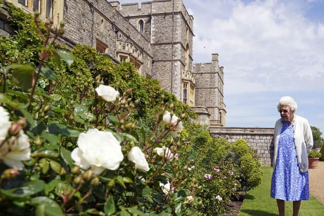Queen Elizabeth II views a border in the gardens of Windsor Castle, in Berkshire, where she received a Duke of Edinburgh rose, given to her by the Royal Horticultural Society. The newly bred deep pink commemorative rose from Harkness Roses has officially been named in memory of the Duke of Edinburgh. A royalty from the sale of each rose will go to The Duke of Edinburgh's Award Living Legacy Fund which will give more young people the opportunity to take part in the Duke of Edinburgh Award (Photo: Steve Parsons/PA Wire).