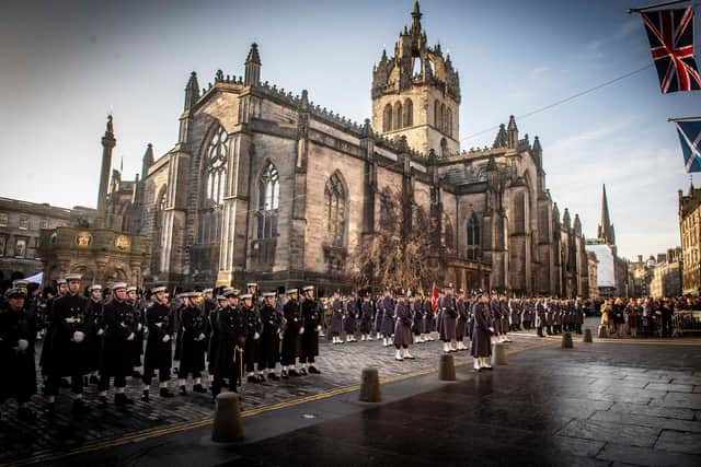 First Minister Nicola Sturgeon and Edinbrgh's Lord Provost were joined by veterans and military personnel at the Remembrance Sunday service on the Royal Mile. Picture: Mark Owens