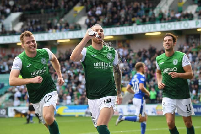 Martin Boyle celebrates his goal during the cinch Premiership match between Hibs and St Johnstone at Easter Road.