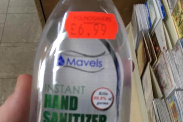 A bottle of £6.99 hand sanitiser in the Pound Savers shop in Whitburn.