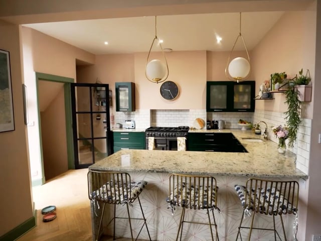 As well as period features, the family home boasts a colourful palette and plush interiors such as velvet curtains, bright and bold wallpaper and modern touches including a newly refurbished kitchen.