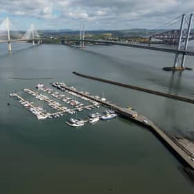 An aerial view showing part of the Port Edgar Marina complex in Queensferry, next to the Forth bridges.