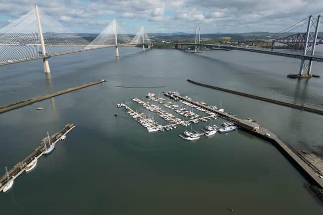 An aerial view showing part of the Port Edgar Marina complex in Queensferry, next to the Forth bridges.