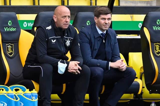 Rangers manager Steven Gerrard and his assistant Gary McAllister look on during their team's 3-0 win at Livingston. (Photo by Rob Casey / SNS Group)