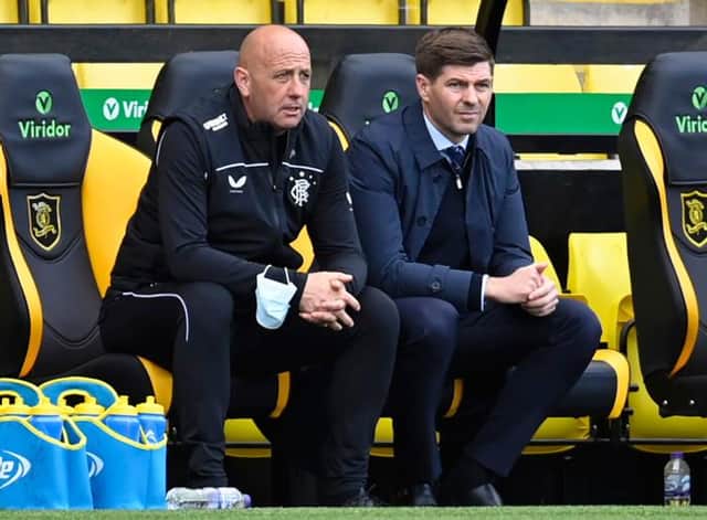 Rangers manager Steven Gerrard and his assistant Gary McAllister look on during their team's 3-0 win at Livingston. (Photo by Rob Casey / SNS Group)