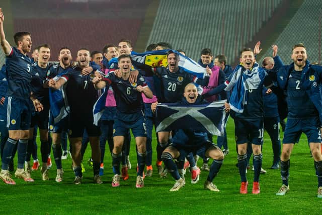 Scotland's players celebrate after the penalty shoot-out win over Serbia in November which secured qualification for Euro 2021. (Photo by Nikola Krstic / SNS Group)